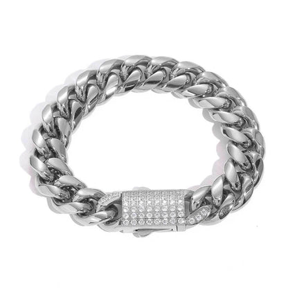 Polished Round Cuban Link Titanium Bracelet Zircon Hip Hop Jewelry Push Button Clasp for Men | Caratix Jewelry - CaratixJewelry