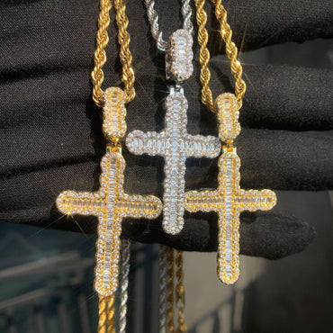 Baguette Cross Pendant Necklace | CZ Iced Out Hip Hop Unisex Trend Jewelry - CaratixJewelry