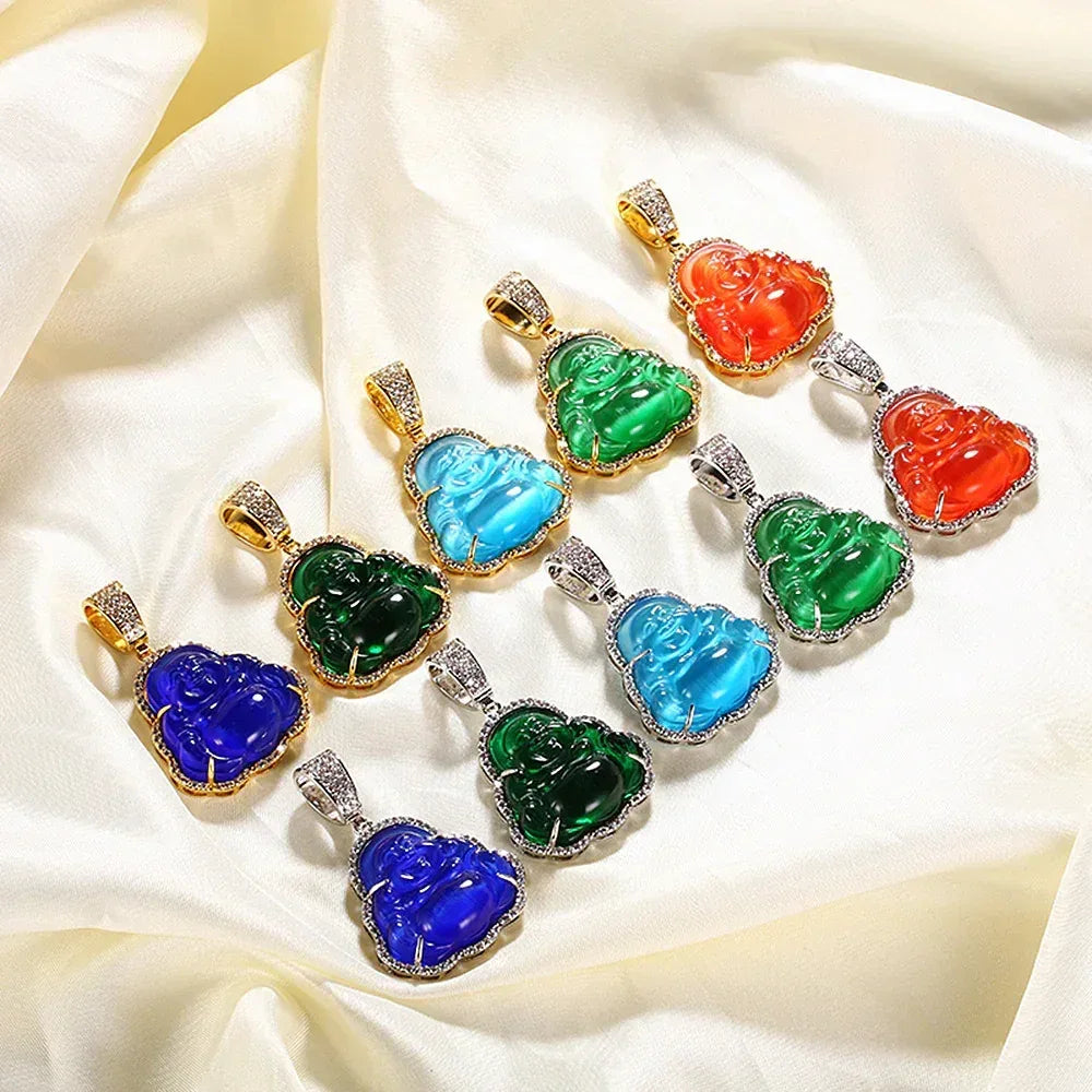 Custom Cat's Eye Stone Maitreya Buddha Pendant Necklace with Zircon Stones for Men and Women | Caratix Jewelry - CaratixJewelry