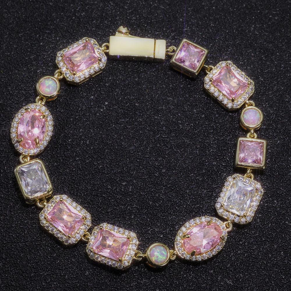 Custom 10mm Pink Gemstone Chain Bracelet Zircon Hip Hop Jewelry | Caratix Jewelry - CaratixJewelry