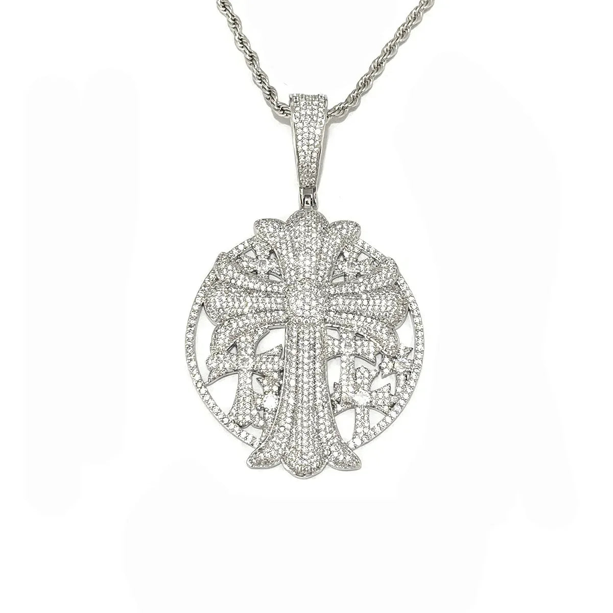 Iced Out Cross Medallion Pendant | Men's Round Disc Necklace - CaratixJewelry