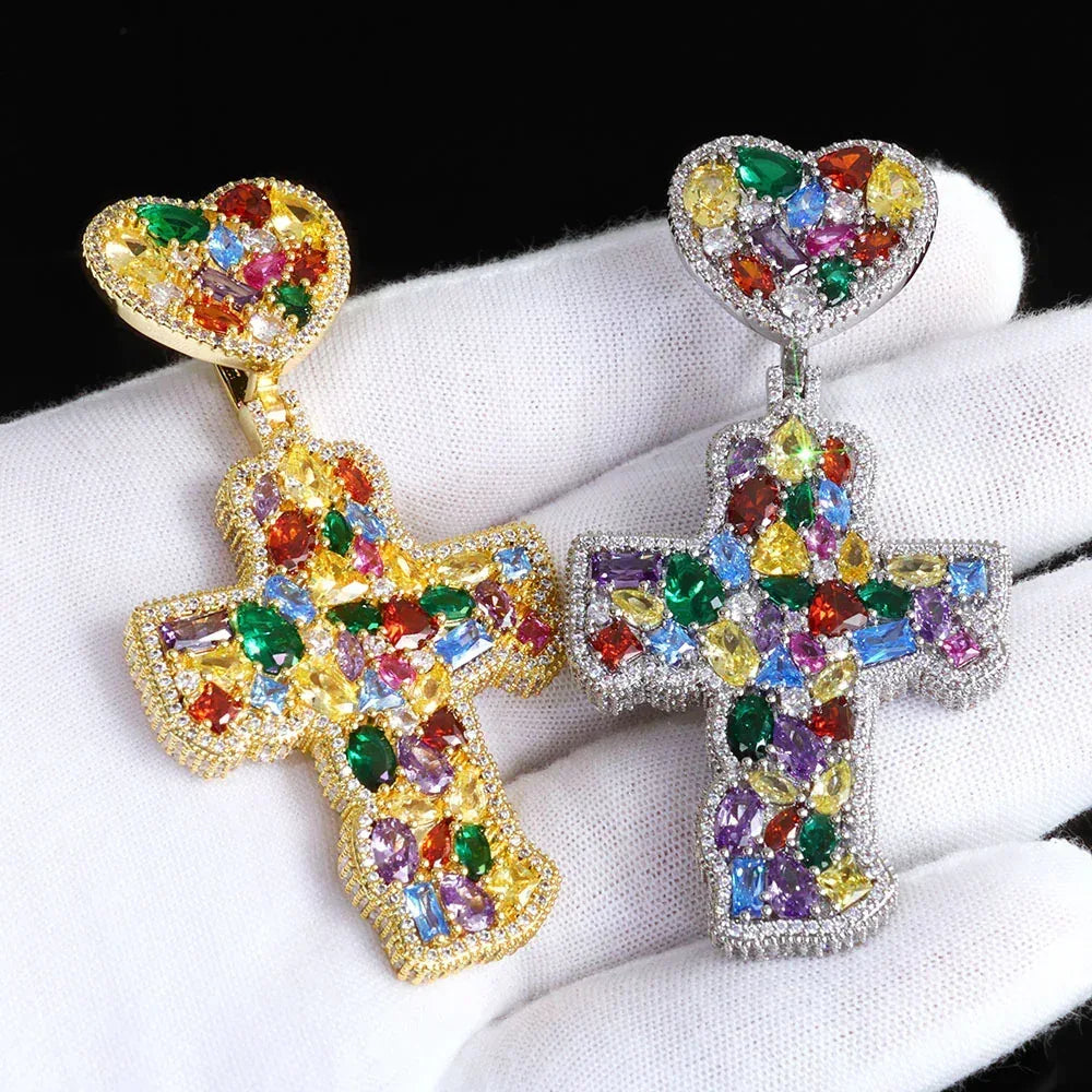 Iced Out Colorful Zircon Cross Pendant Necklace Hip Hop Jewelry for Men | Caratix Jewelry - CaratixJewelry