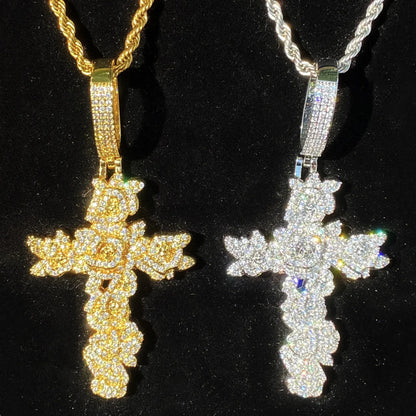 Iced Out Rose Cross Pendant | Women's Blooming Floral Necklace - CaratixJewelry