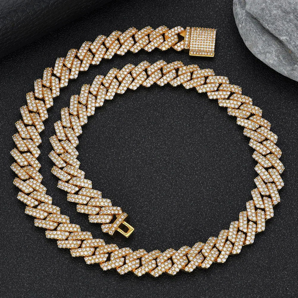 14mm Cuban Chain Necklace with Zircon Stones - CaratixJewelry