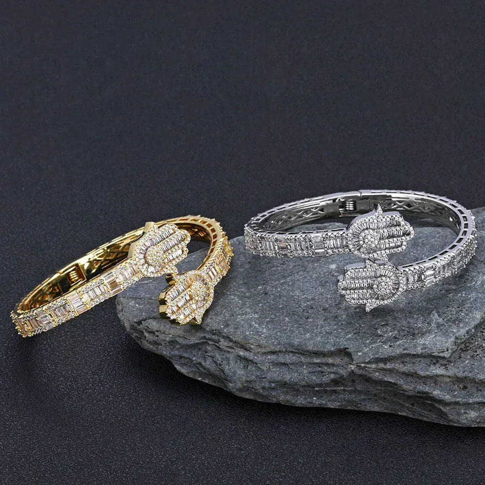 Iced Out Hand of Fatima Bracelet Mixed Zircon Bling Jewelry - CaratixJewelry