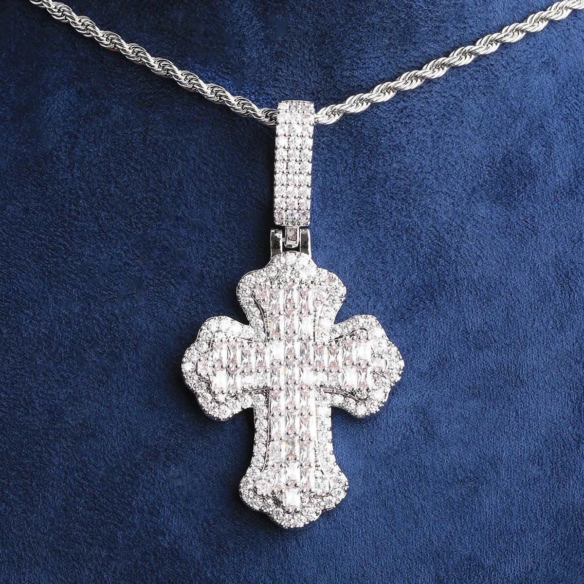 Double Layer Iced Out Baguette Cross Pendant | Men's Real Copper CZ Necklace - CaratixJewelry