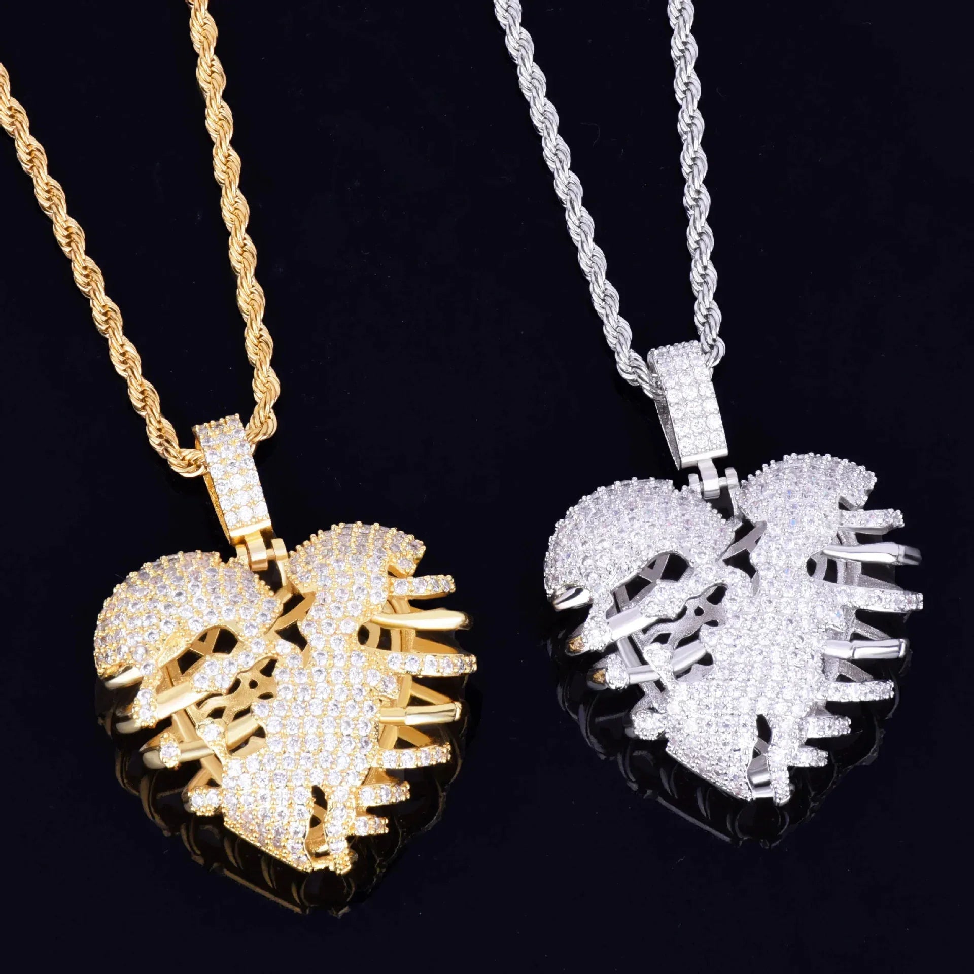 Iced Out Broken Skeleton Heart Pendant | Unisex Real Copper CZ Necklace - CaratixJewelry