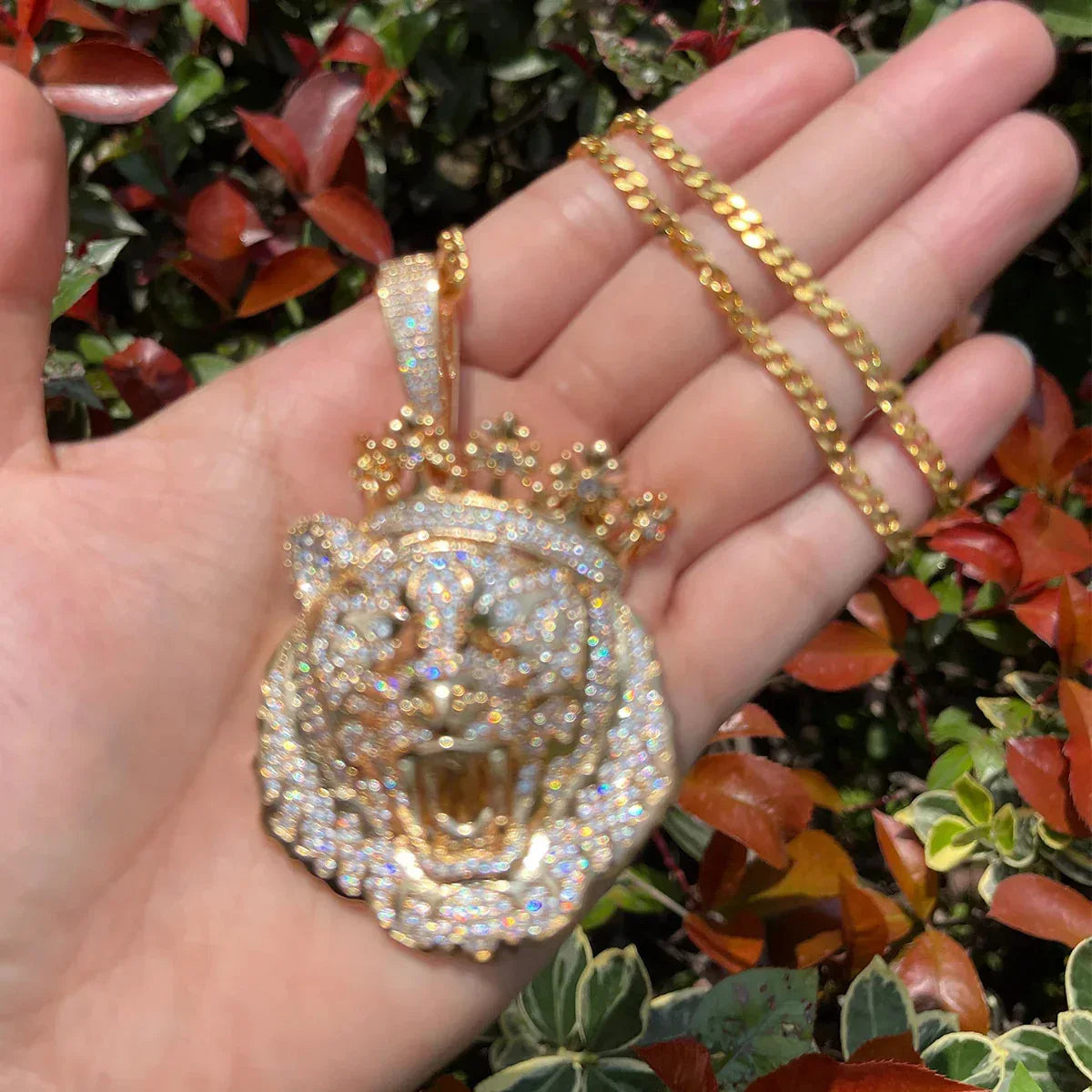 Iced Out Crowned Lion Head Pendant | Men's Real Copper CZ Necklace - CaratixJewelry