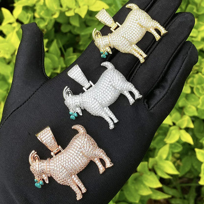 Iced Out "Grazing Goat" G.O.A.T. Pendant | Men's Real Copper CZ Necklace - CaratixJewelry