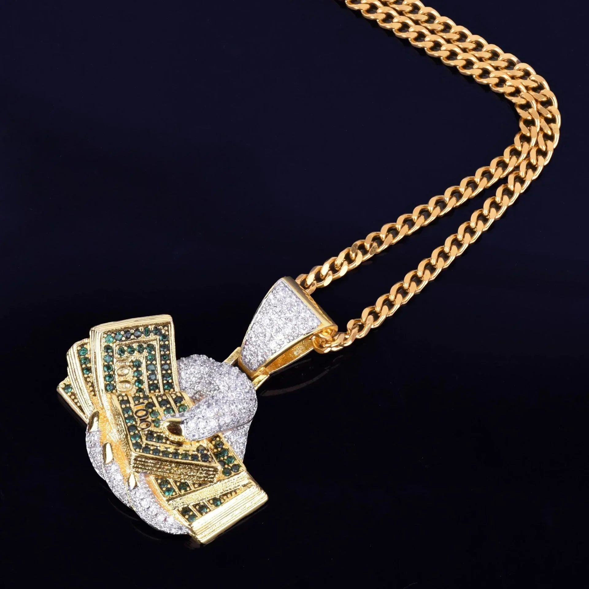 Iced Out Hand Holding Cash Pendant | "Secure The Bag" Men's Hip Hop Necklace | Premium Copper CZ Dollar Bill Jewelry | Wealth Hustle Bling | Caratix - CaratixJewelry