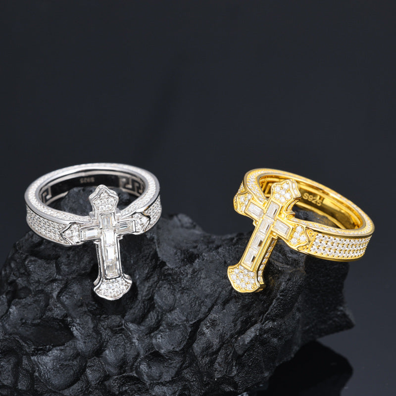 Ice-Block Baguette Moissanite Cross Ring Silver | Caratix