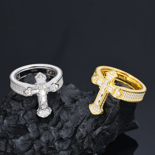 Ice-Block Baguette Moissanite Cross Ring Silver | Caratix