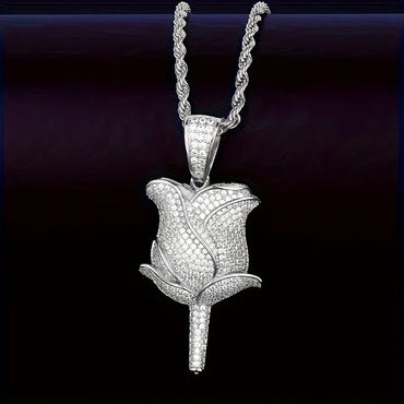 Unisex Iced Out Rose Pendant | Solid Color Real Copper CZ Necklace - CaratixJewelry