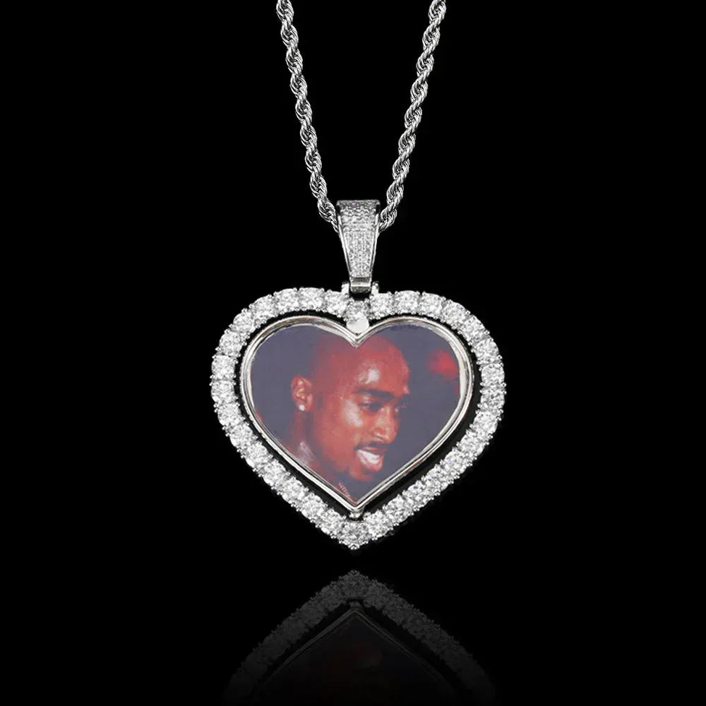 Custom Double-Sided Heart Rotating Photo Pendant Necklace with Zircon Stones for Men and Women | Caratix Jewelry - CaratixJewelry
