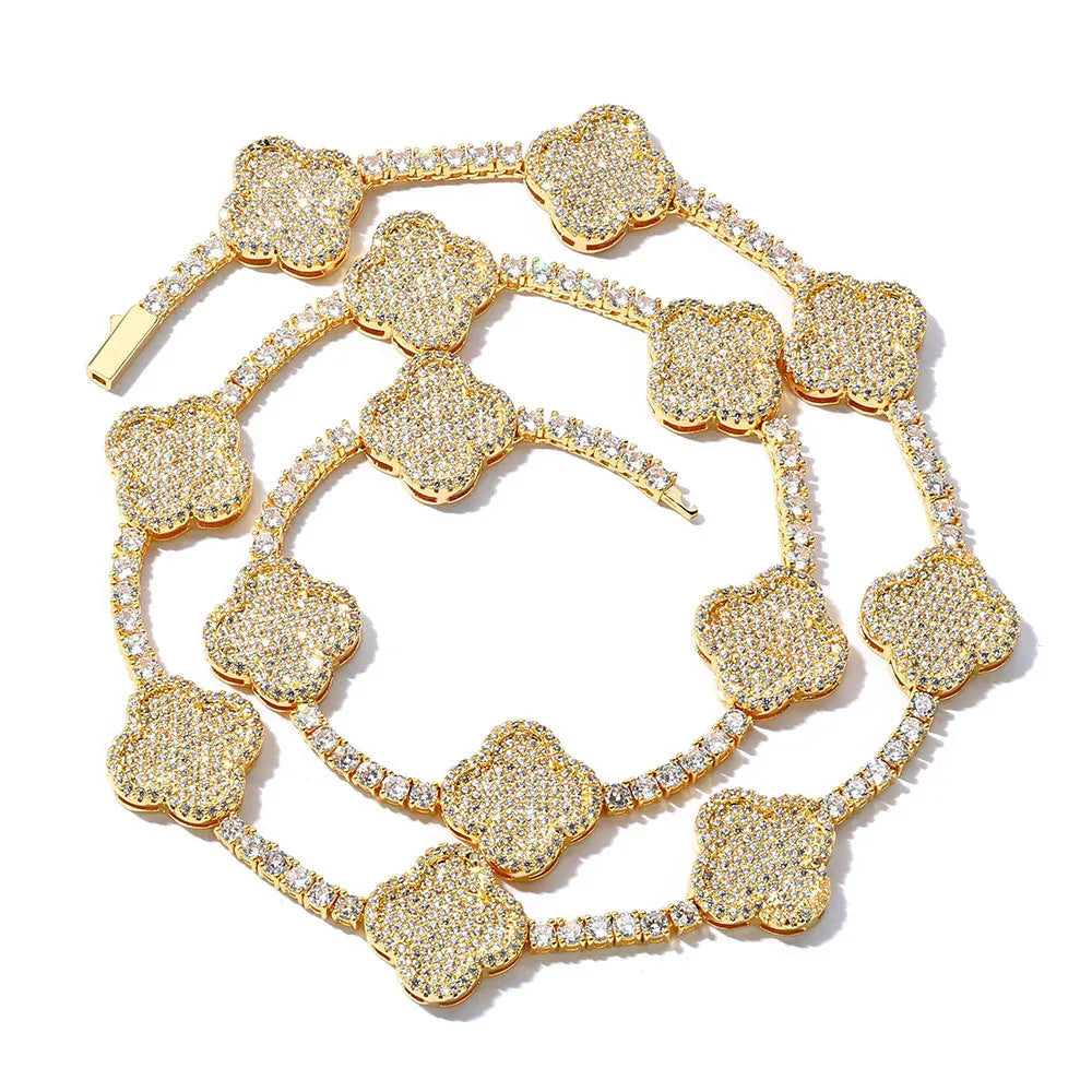 Women's S925 Sterling Silver Clover Tennis Chain | Iced Out Zircon Necklace | Premium Gold Chain Rapper Style | Caratix - CaratixJewelry