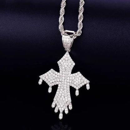 Iced Out "Liquid Drip" Cross Pendant | Men's Melting Hip Hop Necklace | Premium Copper CZ Streetwear Jewelry | Kinetic Style Bling | Caratix - CaratixJewelry