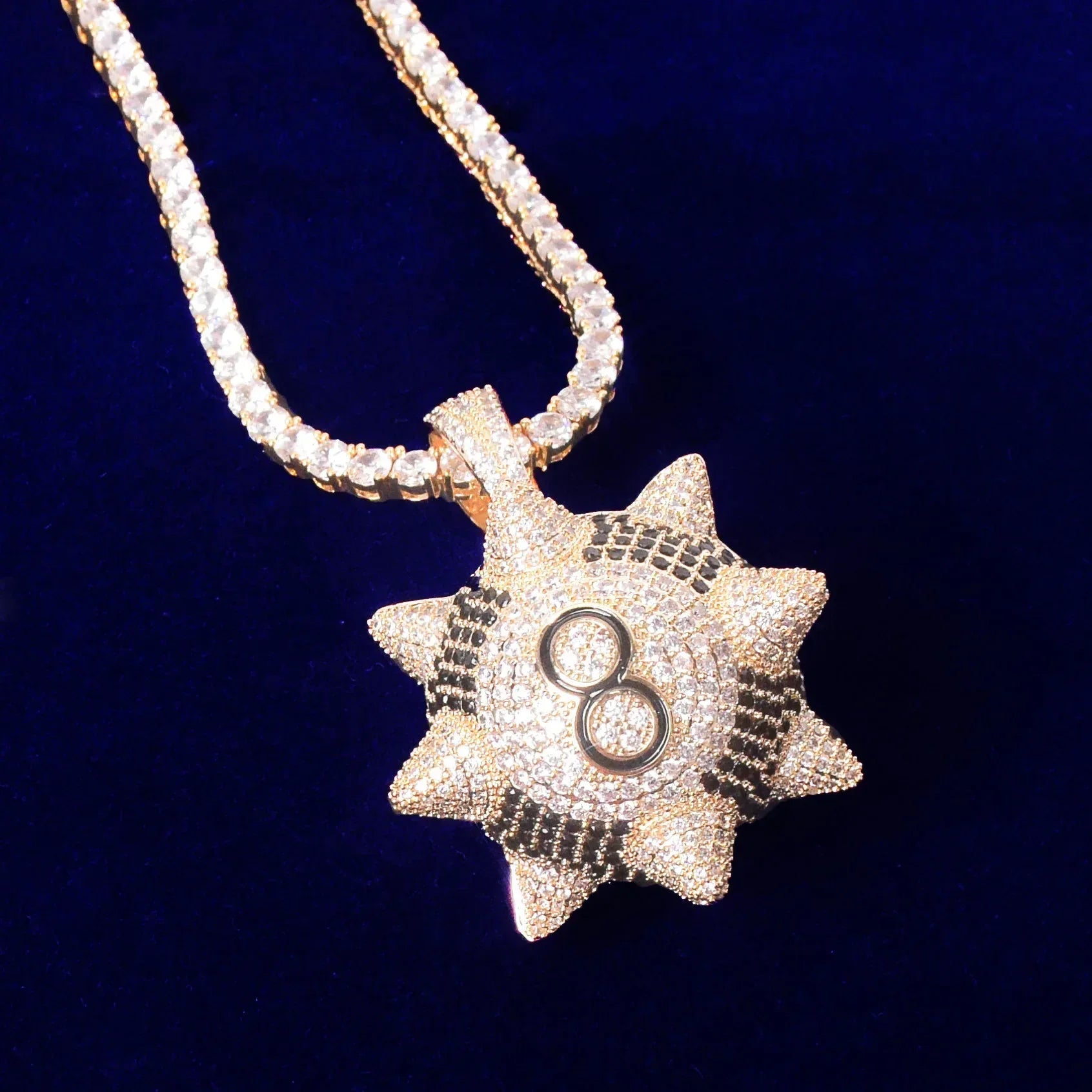 Iced Out Spiked 8-Ball Pendant | Men's 3D Billiards Necklace | Premium Copper CZ Punk Thorn Jewelry | Streetwear Lucky Charm | Caratix - CaratixJewelry