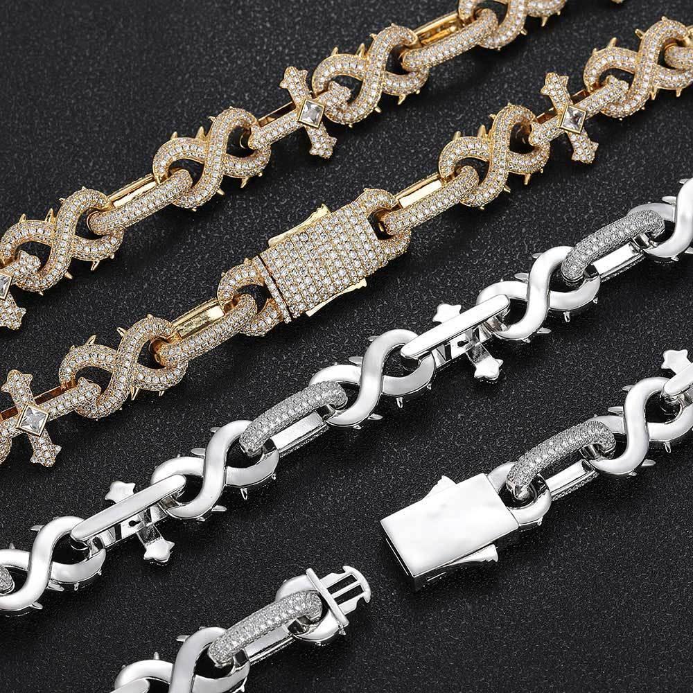 Thorn Cross Moissanite Cuban Link Chain with Figure-8 Clasp – Custom S925 Sterling Silver Iced-Out Hip Hop Men’s Streetwear Necklace - CaratixJewelry