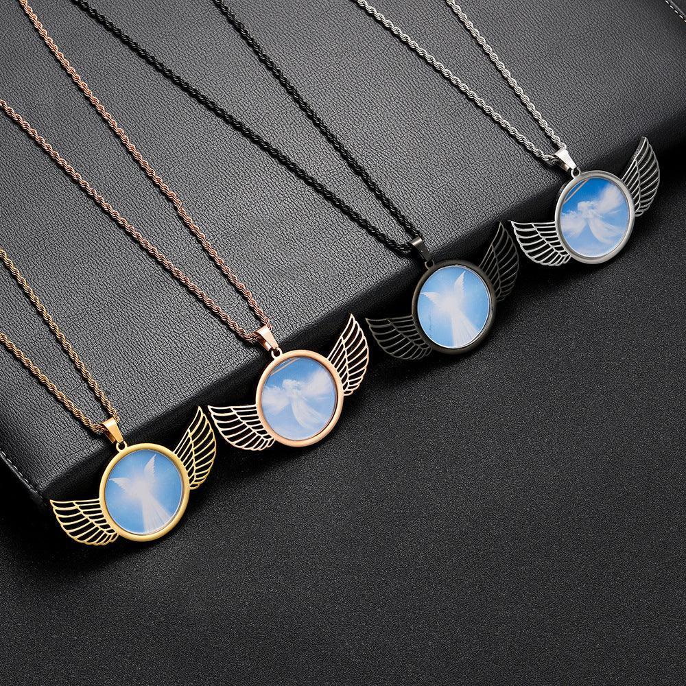 Winged Round Photo Frame Pendant Necklace with Customizable Photo for Men | DIY Stainless Steel Necklace | Caratix Jewelry - CaratixJewelry