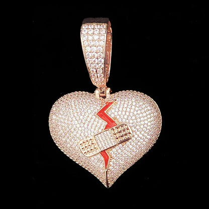 Iced Out "Mended Heart" Band-Aid Pendant | Men's Real Copper Broken Heart Necklace - CaratixJewelry