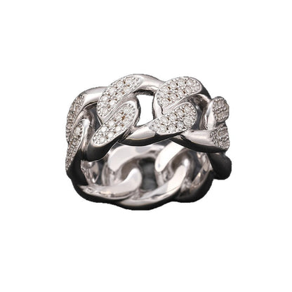 S925 Sterling Silver Moissanite Cuban Link Ring – Iced-Out Hip-Hop Chain Band for Men