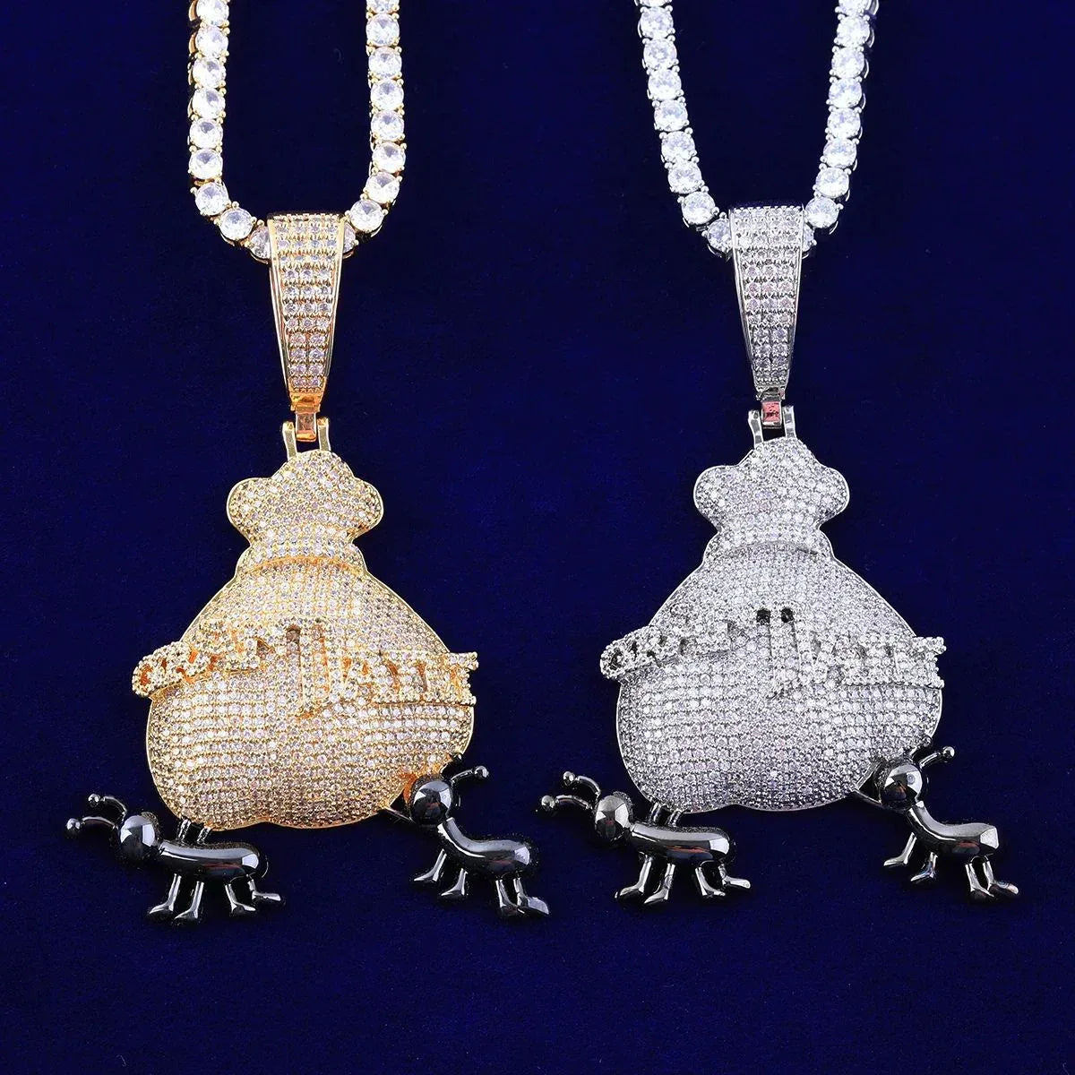 Iced Out Ant Carrying Money Bag Pendant | Men's & Women's "Secure The Bag" Necklace | Premium Copper CZ Hustle Jewelry | Motivational Bling | Caratix - CaratixJewelry