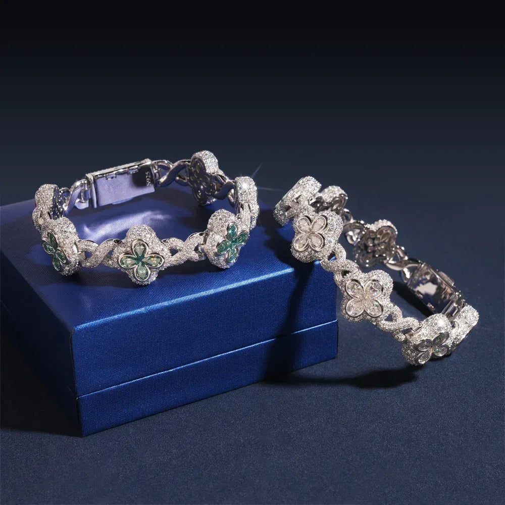 18mm Four-Leaf Clover Moissanite Cuban Link Bracelet – S925 Sterling Silver Iced-Out Hip Hop Streetwear Jewelry - CaratixJewelry