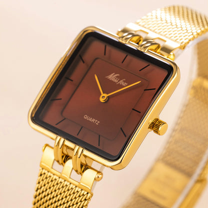 Classic Square Gold Watch Stainless Steel Mesh Band | Caratix