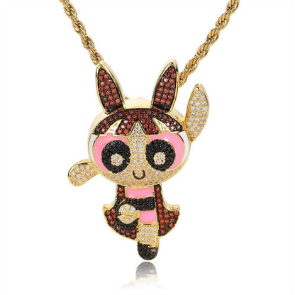 Cartoon Powerpuff Girls Pendant Necklace with Copper Frame and Zircon Stones for Men | Caratix Jewelry - CaratixJewelry