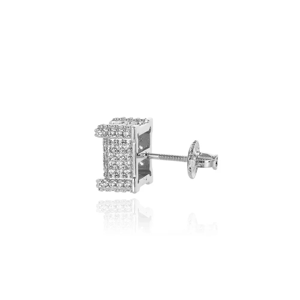 Square Zircon Stud Earrings with Spiral Ear Caps | Simple Hip Hop Jewelry | Caratix Jewelry - CaratixJewelry