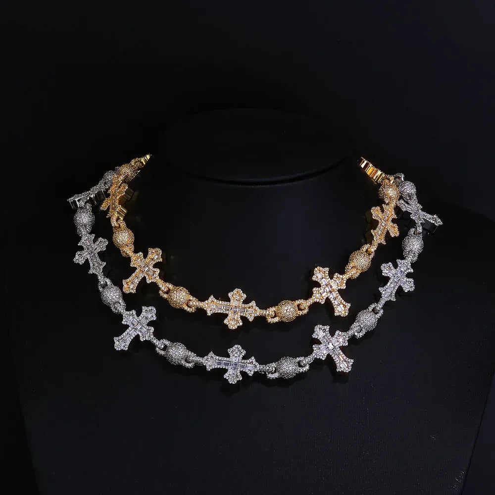 Rapper Iced Out Chain Round Bead Zircon Cross Necklace for Men | Caratix Jewelry - CaratixJewelry