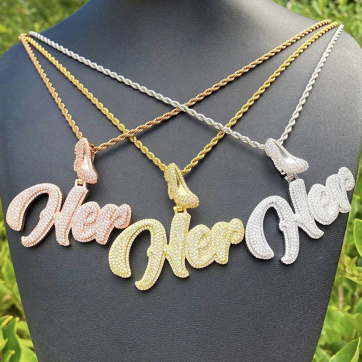 Iced Out "HER" Stiletto Letter Pendant | Women's Real Copper High Heel Necklace - CaratixJewelry