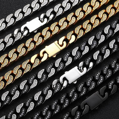 12mm Iced Out Stainless Steel Cuban Chain Zircon Necklace for Men | Caratix Jewelry - CaratixJewelry