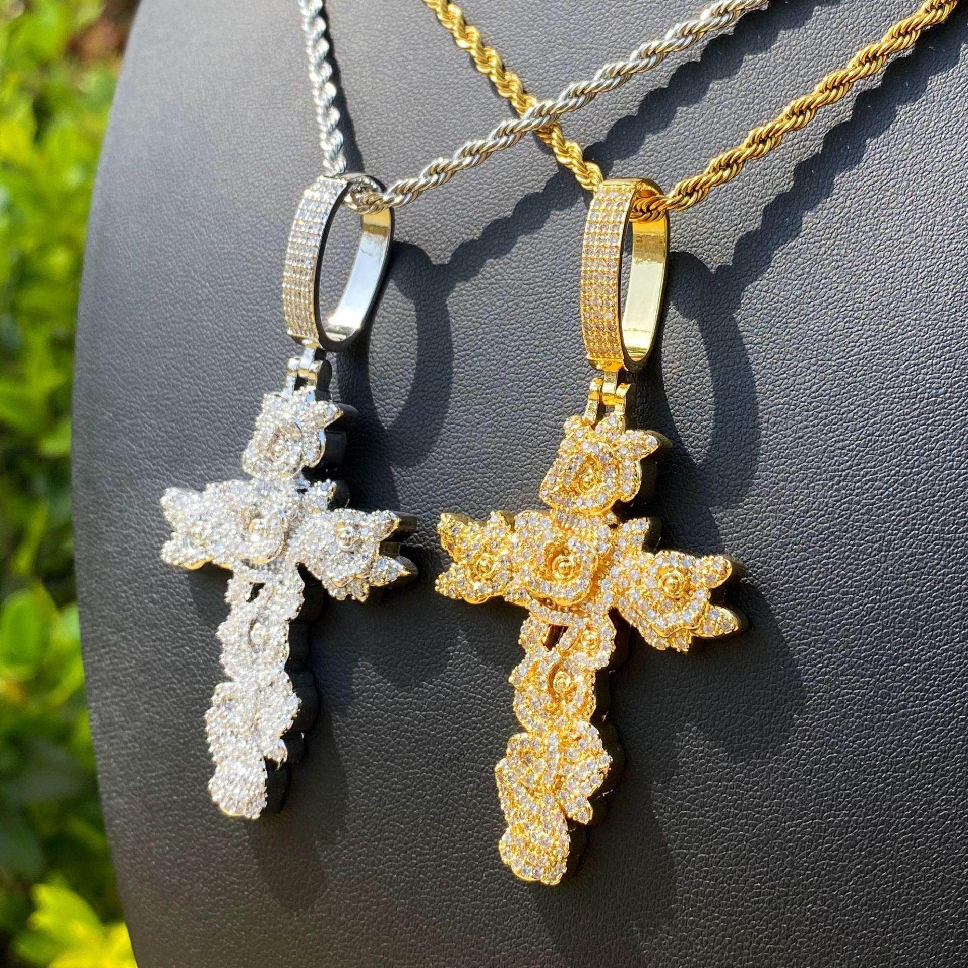 Iced Out Rose Cross Pendant | Women's Blooming Floral Necklace - CaratixJewelry