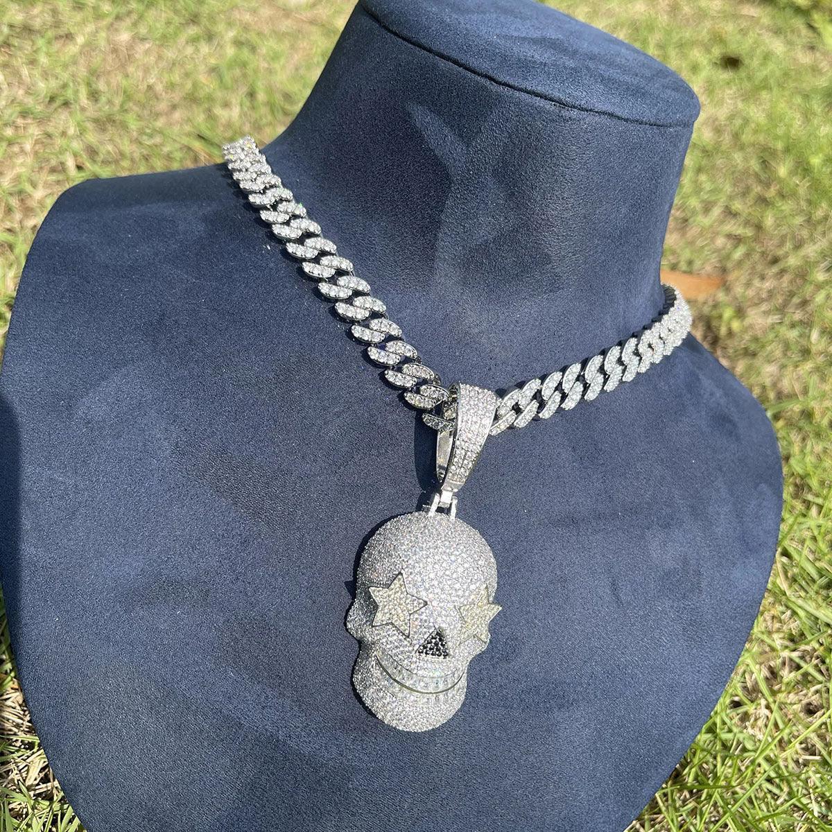 Iced Out Star Eye Skull Pendant | Men's Real Copper CZ Necklace - CaratixJewelry