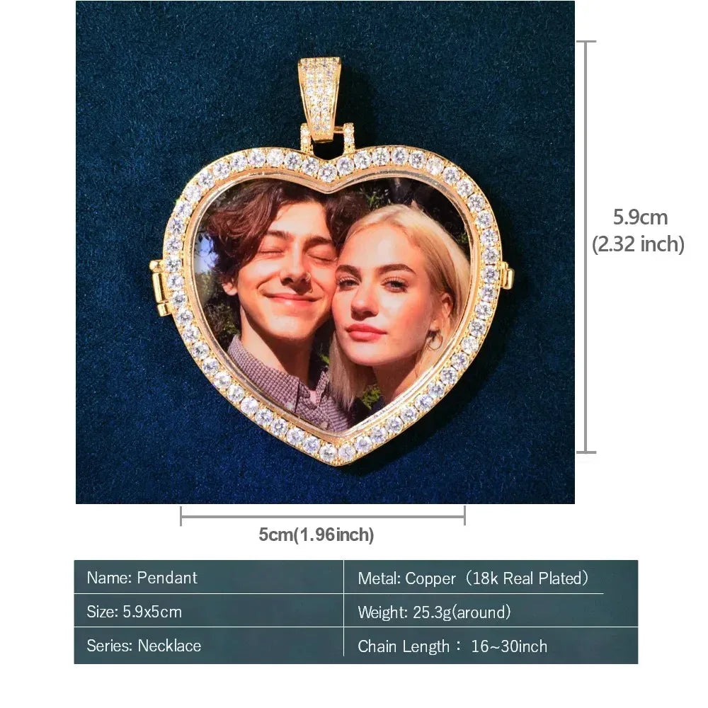 Flip-Open Heart Photo Pendant | CZ Iced Out DIY Custom Picture Hip Hop Necklace - CaratixJewelry