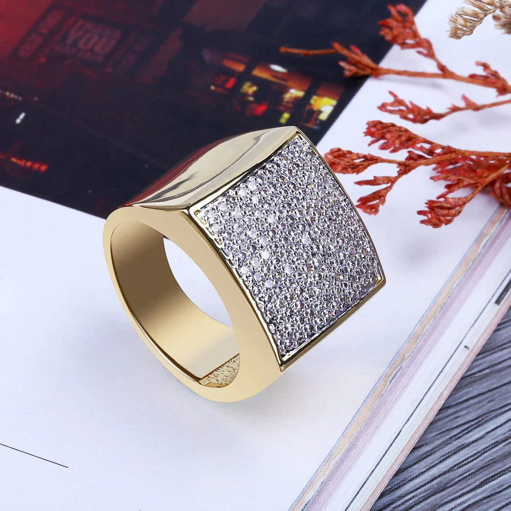Men's Iced Out Cuban Link Square Ring | Pave Zirconia Band | Caratix