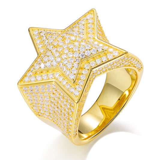 Unisex S925 Sterling Silver Moissanite Star Ring – Iced-Out Hip-Hop Statement Band
