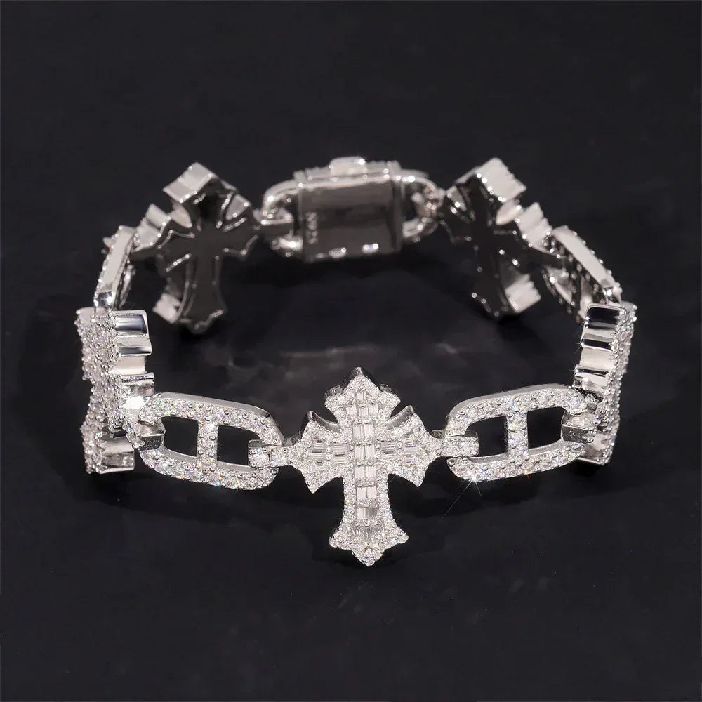 Moissanite Cross Cuban Link Bracelet with Box Clasp – S925 Sterling Silver Iced-Out Hip Hop Streetwear Jewelry - CaratixJewelry