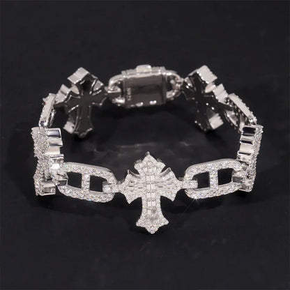 Moissanite Cross Cuban Link Bracelet with Box Clasp – S925 Sterling Silver Iced-Out Hip Hop Streetwear Jewelry - CaratixJewelry