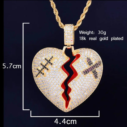 Iced Out Shattered Heart Pendant | Men's Real Copper CZ Necklace - CaratixJewelry