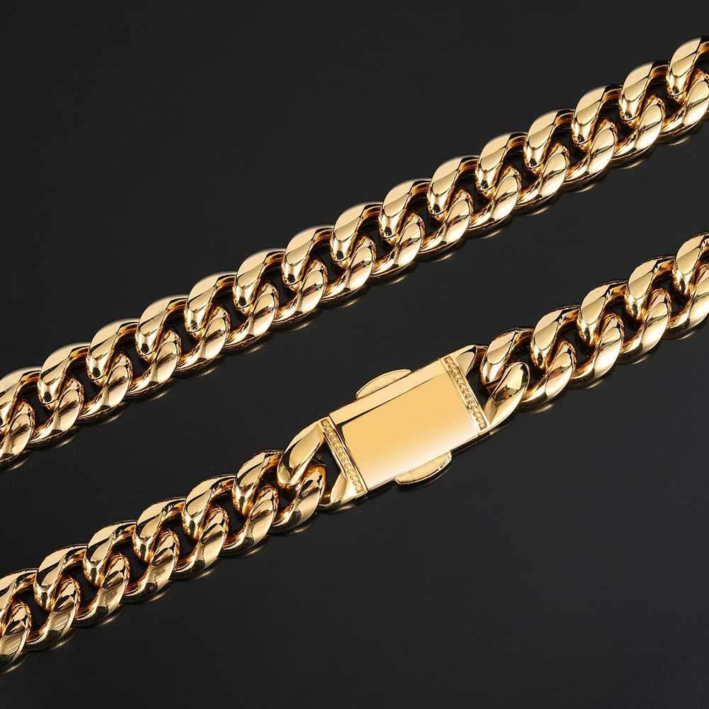 12mm Cuban Chain Necklace with 18K Gold Plating and Spring Clasp for Men | Polished Stainless Steel | Caratix Jewelry - CaratixJewelry