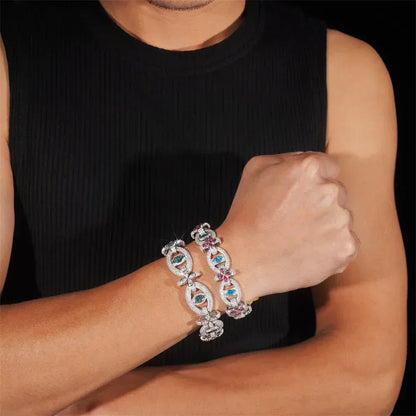 Colored Moissanite Eye & Cross Bracelet – S925 Sterling Silver Iced-Out Hip Hop Streetwear Jewelry - CaratixJewelry