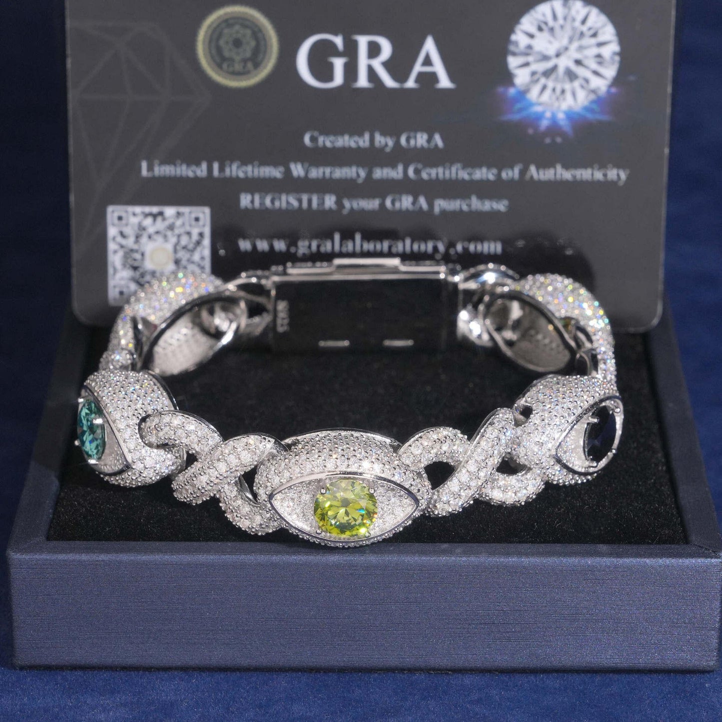 Iced-Out Eye Design Moissanite Cuban Link Bracelet – 925 Sterling Silver Hip Hop Men’s Streetwear Jewelry - CaratixJewelry