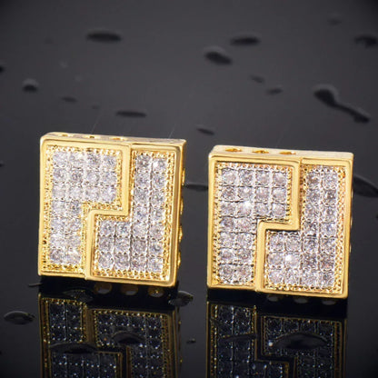 Zircon Square Stud Earrings with Zigzag Design | Retro Hip Hop Jewelry | Caratix Jewelry - CaratixJewelry
