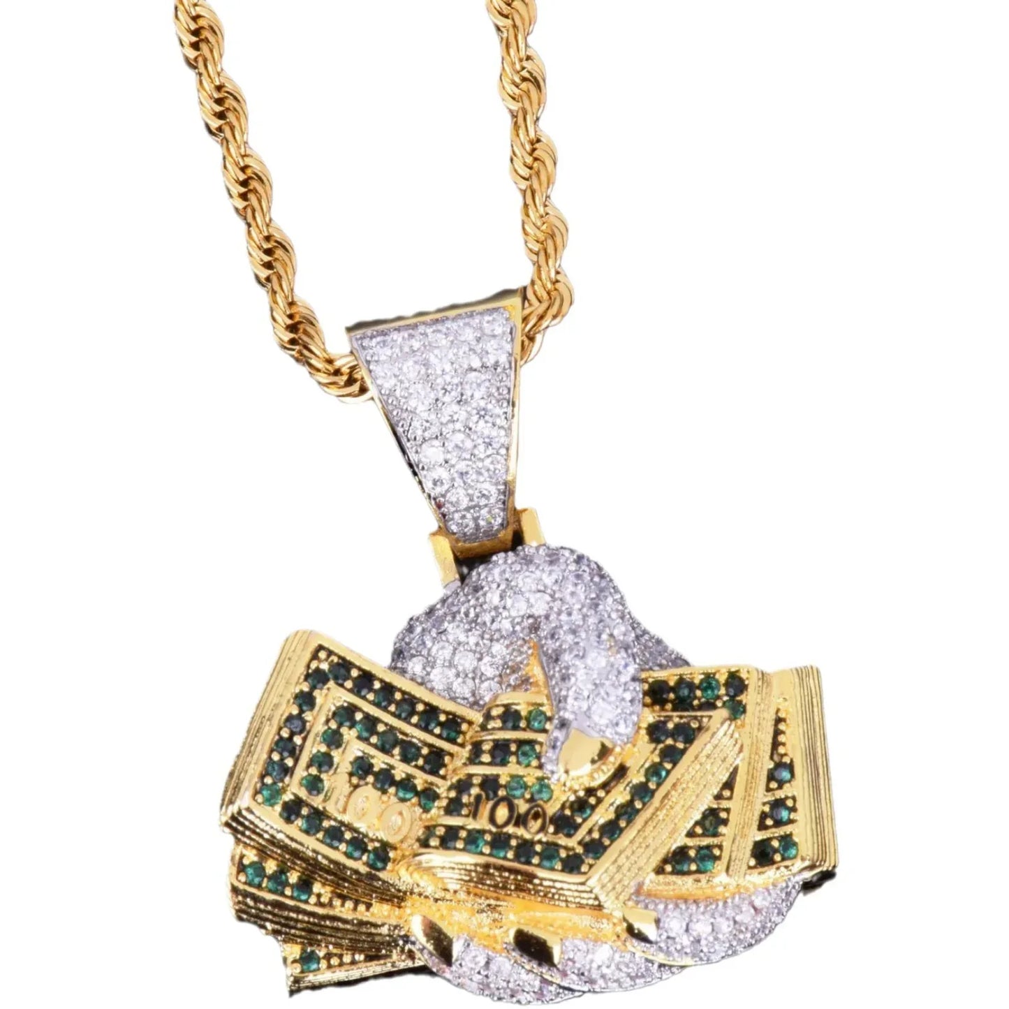 Iced Out Hand Holding Cash Pendant | "Secure The Bag" Men's Hip Hop Necklace | Premium Copper CZ Dollar Bill Jewelry | Wealth Hustle Bling | Caratix - CaratixJewelry