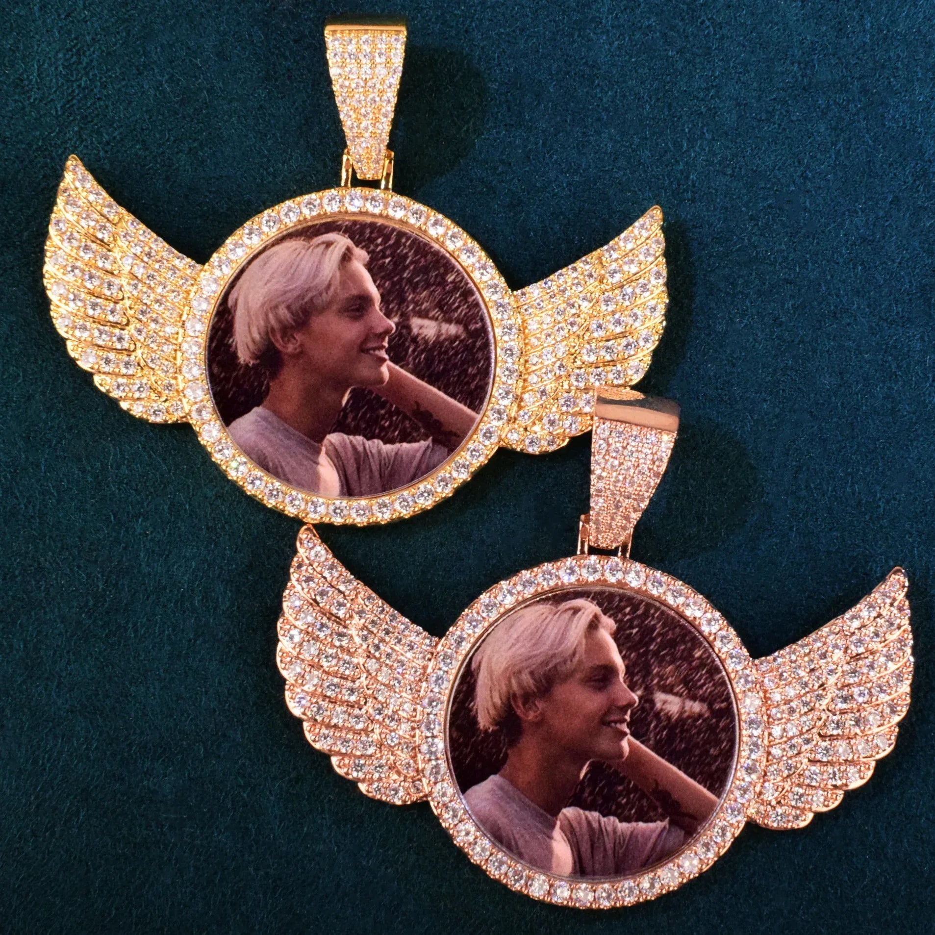 Small Wing Photo Pendant Necklace | CZ Iced Out Custom Picture DIY Couple Jewelry - CaratixJewelry