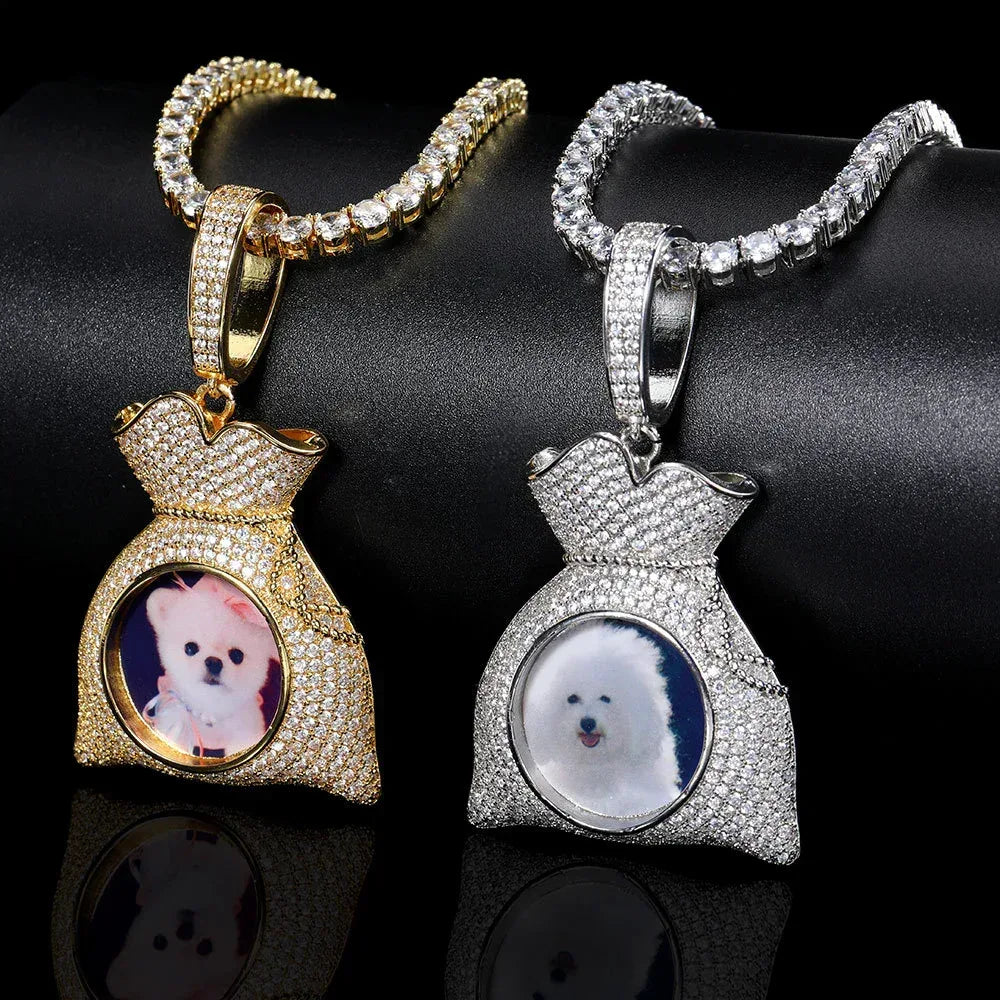 Custom Photo Pendant Hip Hop Necklace with Micro-Pave Zircon and DIY Money Bag Frame | Caratix Jewelry - CaratixJewelry