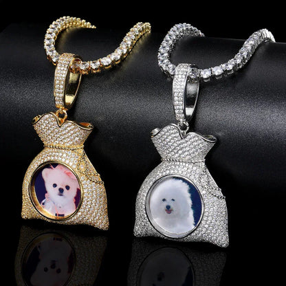 Custom Photo Pendant Hip Hop Necklace with Micro-Pave Zircon and DIY Money Bag Frame | Caratix Jewelry - CaratixJewelry