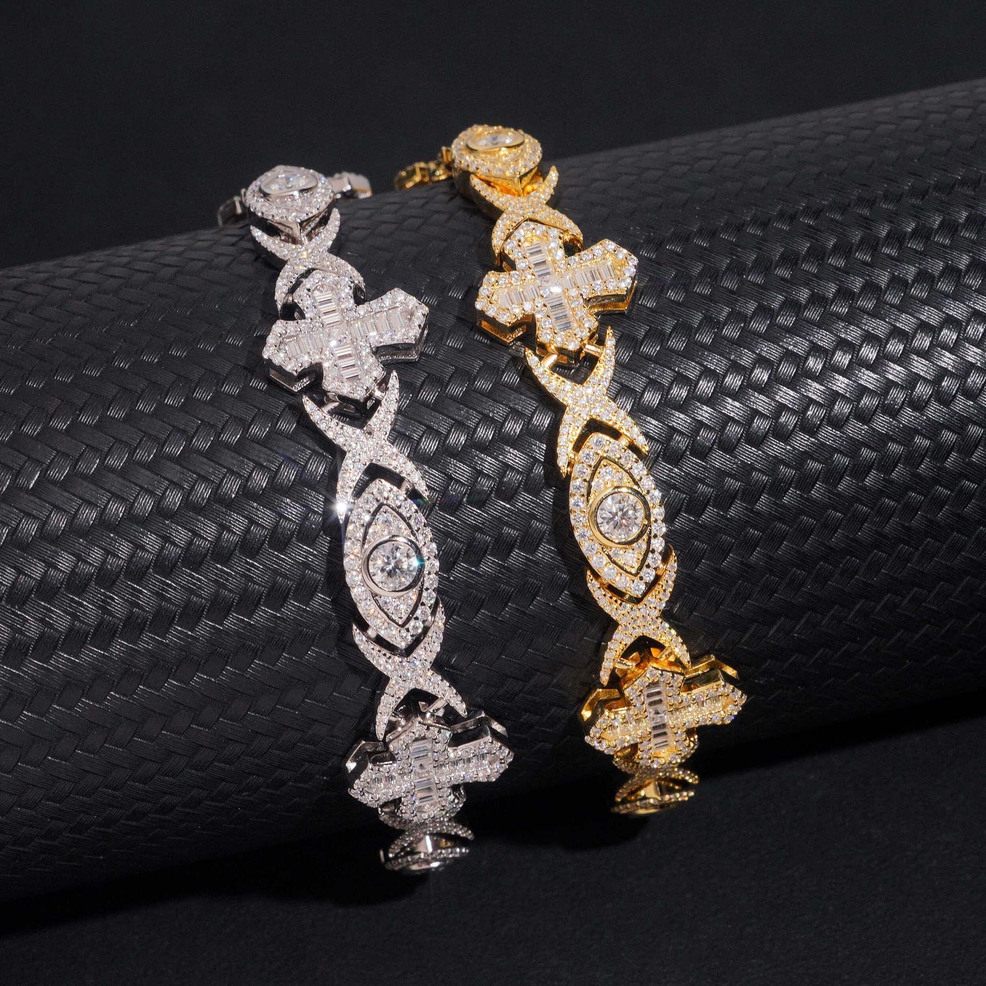 14mm Moissanite Cuban Link Bracelet with Cross & Eye Design – S925 Sterling Silver Iced-Out Hip Hop Streetwear Jewelry - CaratixJewelry